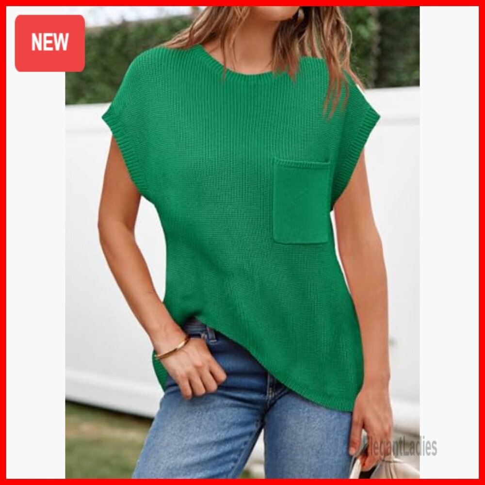 Short Sleeve Ribbed Knit Sweater Vest Crew Neck Pullover Top - Picture 3 of 7